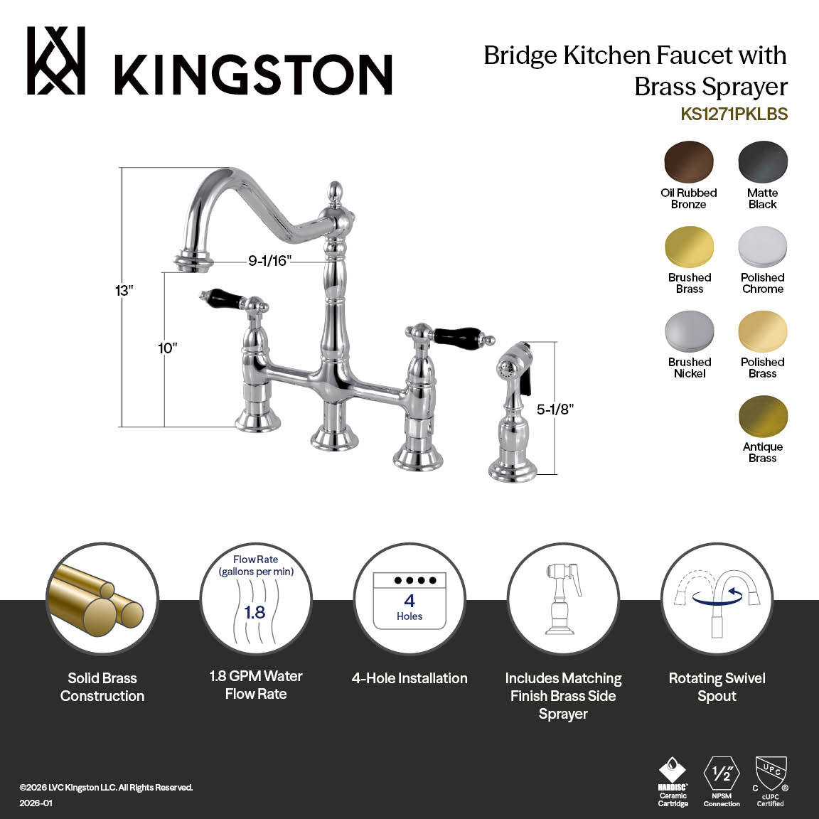 Kingston Heirloom KS1278PKLBS - Duchess Two-Handle 4-Hole Deck Mount Bridge Kitchen Faucet with Brass Sprayer, Brushed Nickel — thumbnail 3